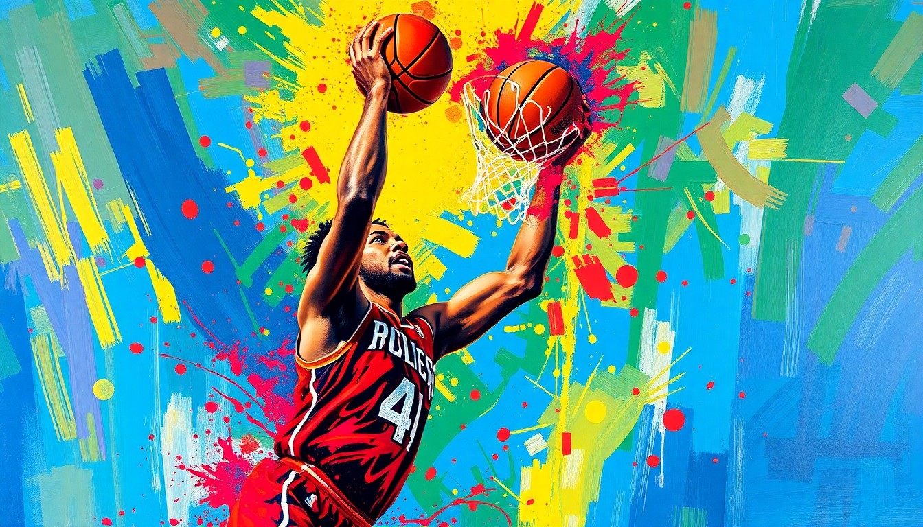 An extreme close-up of Neemias Queta's upper body as he releases a 3-pointer, his form and the ball dissolving into a vibrant, expressionist painting of neon colors and rapid brushstrokes, capturing the raw energy and excitement of the moment.
