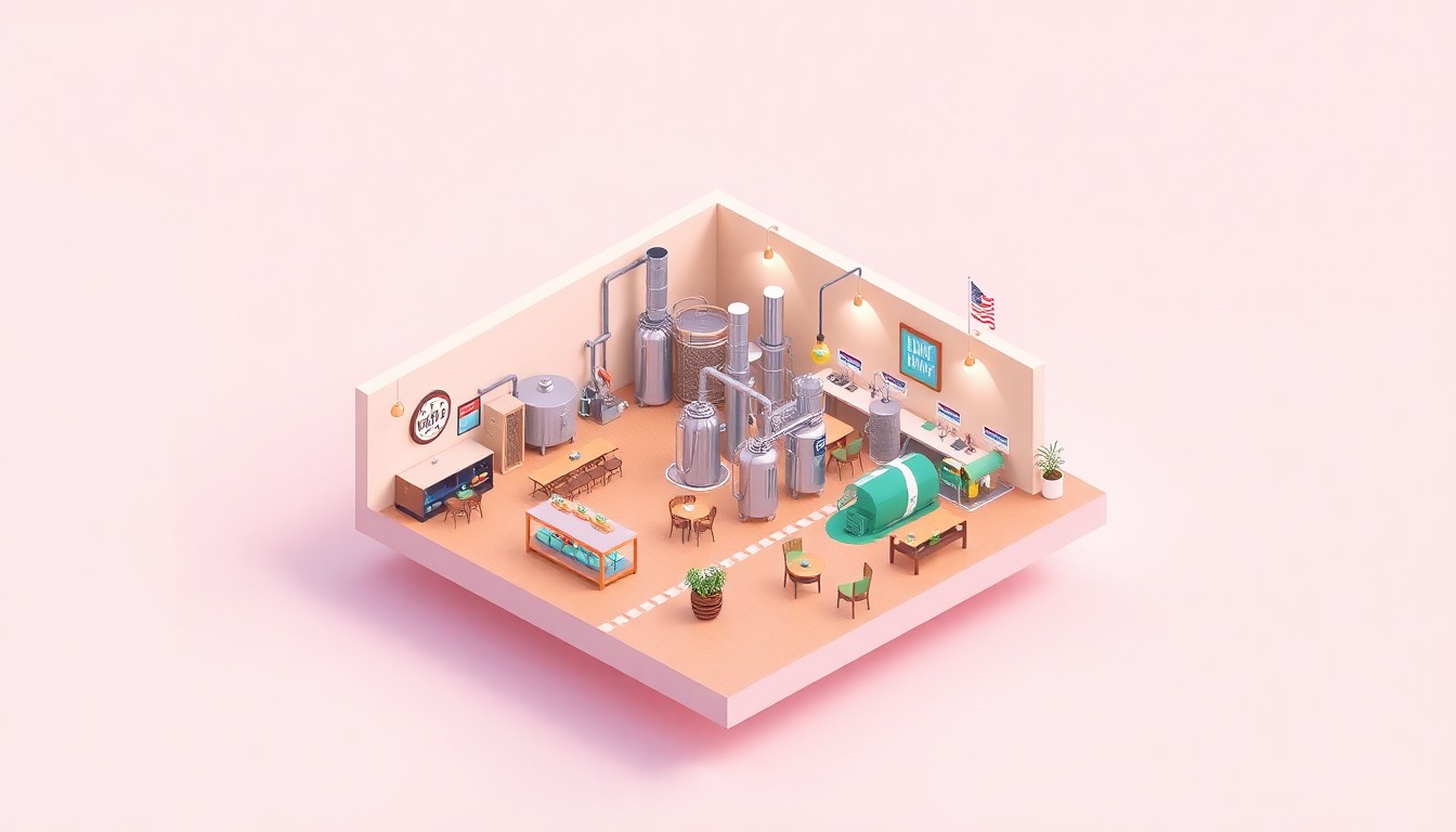 A stylized, isometric 3D illustration depicting a miniature brewery environment with a taproom, production area, and outdoor patio, all rendered in a clean, modern aesthetic with bold colors and soft lighting.