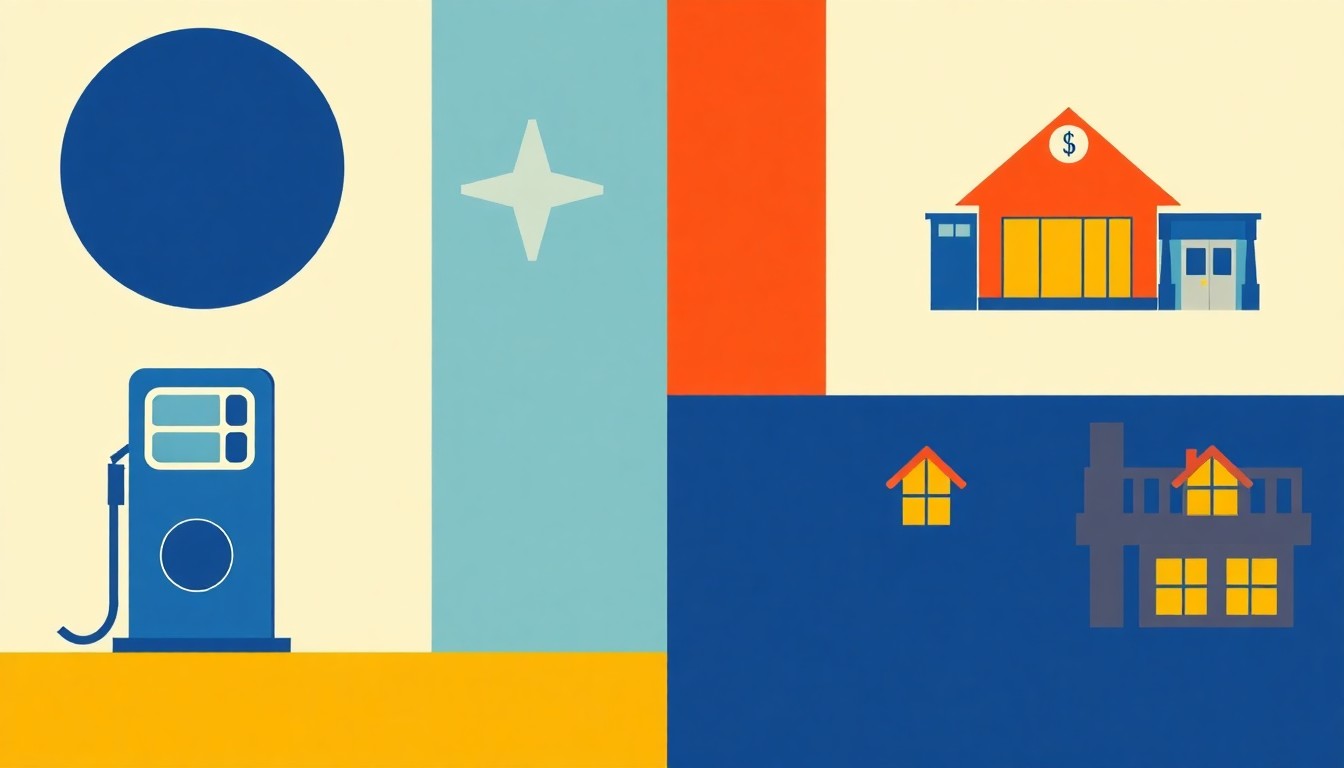 A minimalist abstract illustration using bold geometric shapes and primary colors to represent the contrast between rising and falling prices in different consumer categories in the Dallas-Fort Worth area.