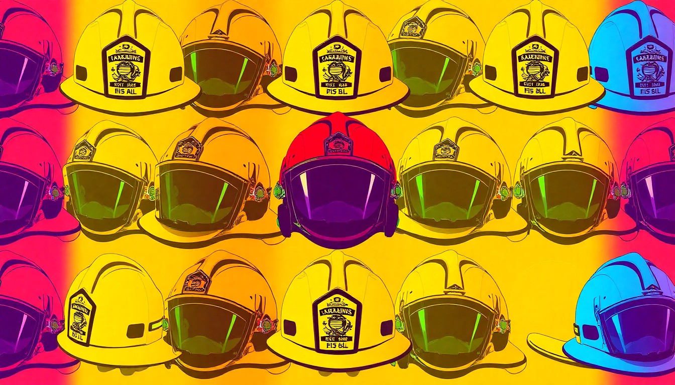 A brightly colored, high-contrast silkscreen print of a firefighter's helmet repeated in a tight grid pattern, representing the heroism and community spirit behind the Karabinis family's actions to rescue their neighbors from a house fire.