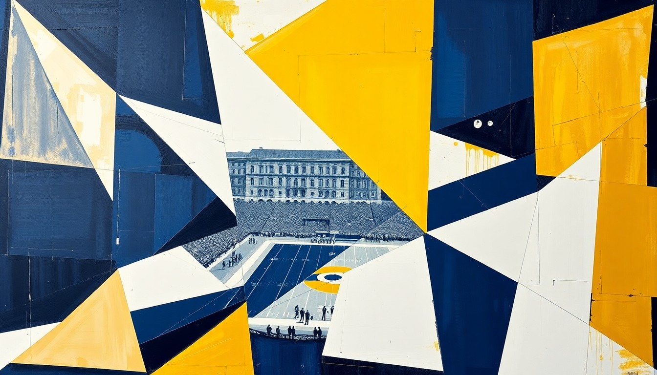 A cubist, geometric painting depicting a Vanderbilt football game, with sharp, overlapping planes of navy blue, gold, and white representing the players and action on the field.
