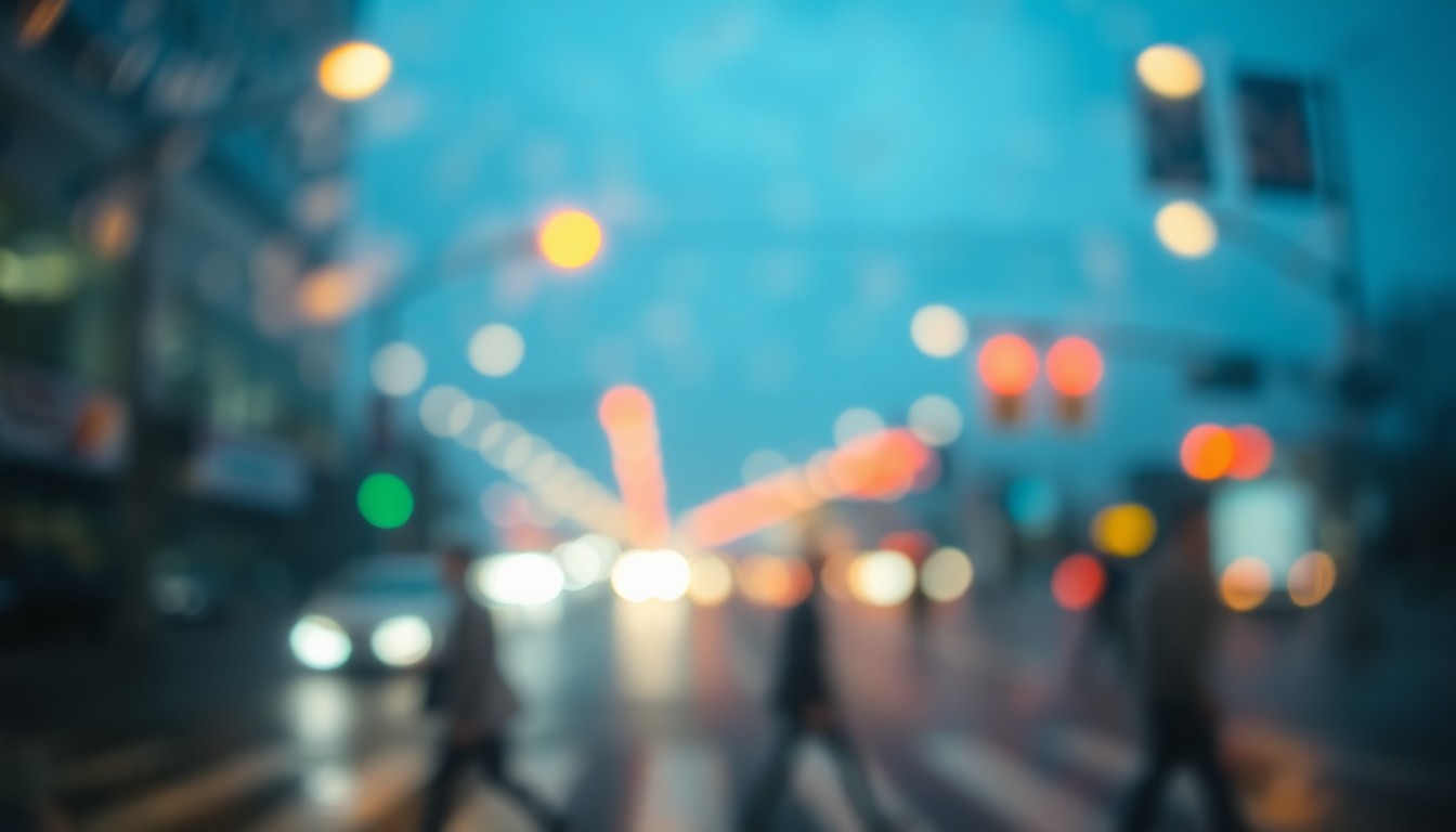 An abstract, impressionistic scene of blurred streetlights, crosswalks, and pedestrian silhouettes, conveying the sense of danger and lack of safety on Anchorage's streets.