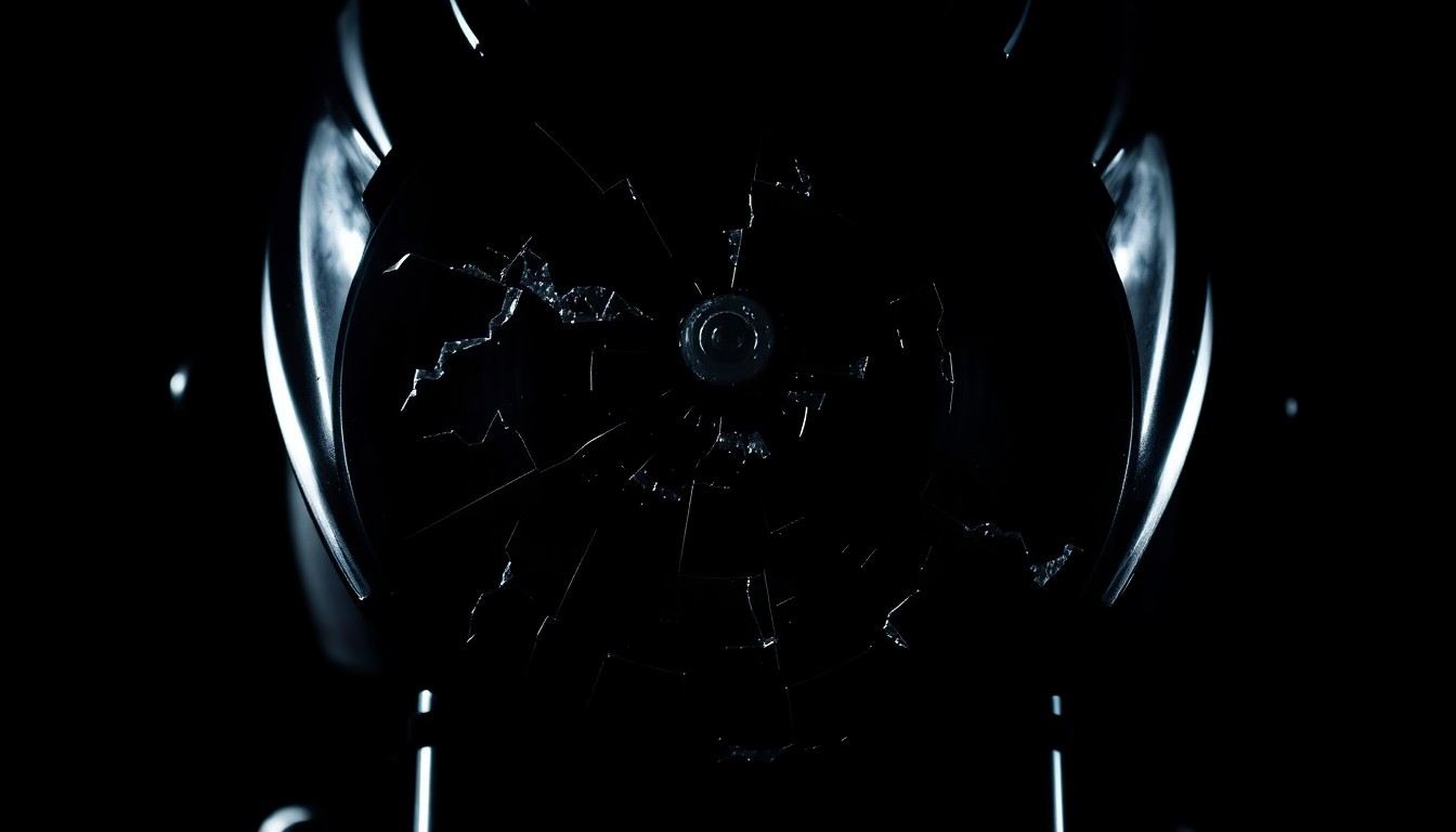 An extreme close-up photograph of a shattered motorcycle headlight lens, the harsh flash illuminating the intricate details of the broken glass and metal, conveying the stark, gritty aftermath of a tragic collision.