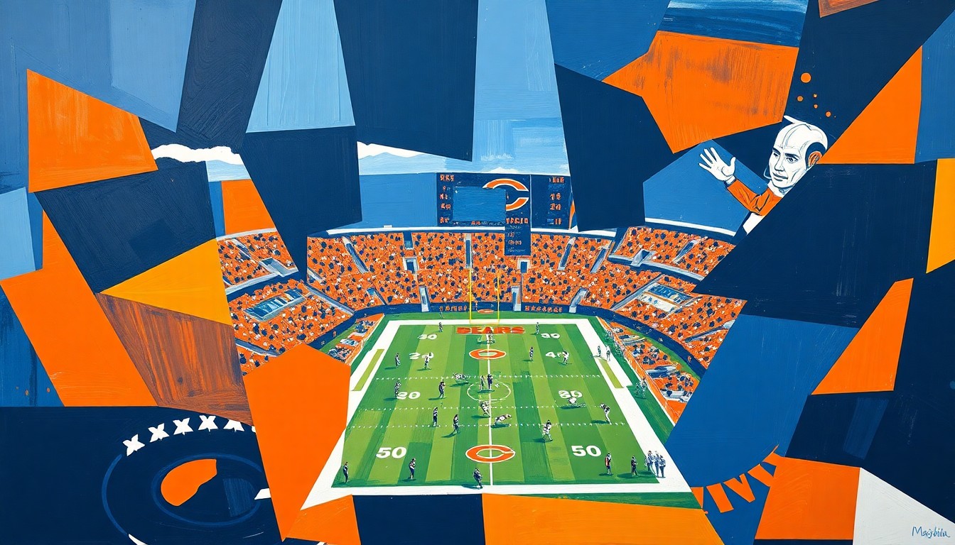 A fractured, multi-perspective painting in a cubist style, breaking down a Chicago Bears football game into sharp, overlapping geometric planes in navy blue, orange, and white, conceptually representing the complexity of the team's 2026 NFL Draft strategy.
