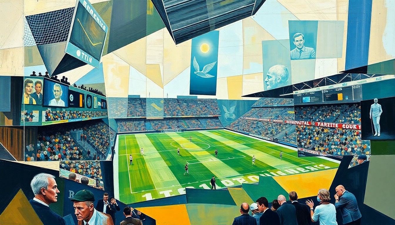 A cubist-style painting depicting a fragmented, geometric representation of a football game or match, with overlapping shapes and planes capturing the energy and movement of the sport.