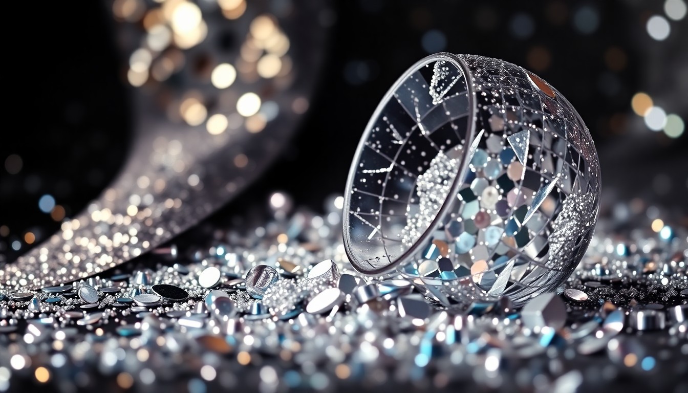 An extreme close-up photograph of shimmering sequins and shattered glass, capturing the glamour and high-energy of a television studio set in dramatic, high-contrast lighting.