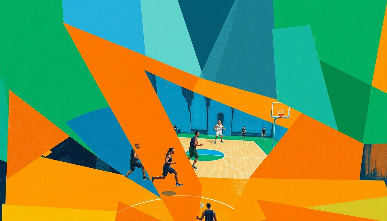 A cubist-style painting depicting a basketball game broken down into sharp, overlapping geometric shapes in vibrant colors, conveying the dynamic energy and strategic complexity of the sport.