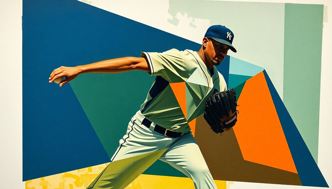 A cubist-style painting depicting a baseball pitcher's throwing motion broken down into overlapping geometric shapes in navy, green, and orange, conveying the measured rehabilitation process.