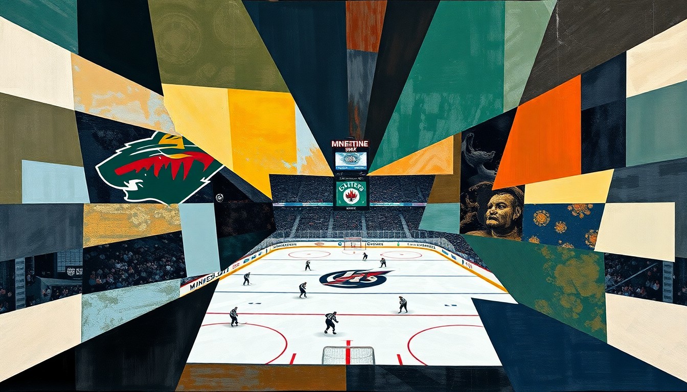 A cubist-style painting depicting a hockey game between the Minnesota Wild and Winnipeg Jets, with the action broken down into sharp, overlapping geometric shapes and planes, capturing the intensity and strategic nature of the match.