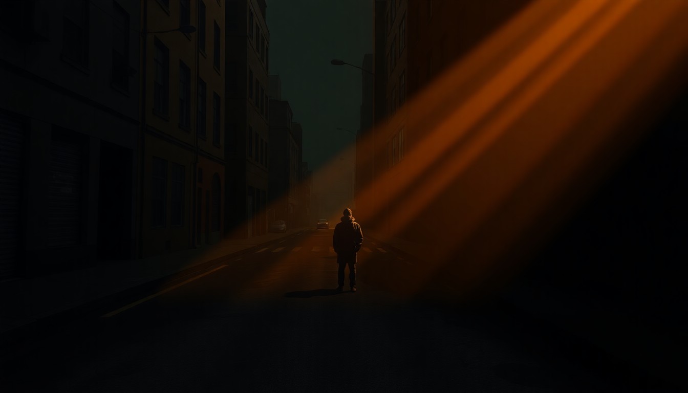 A solitary figure standing in a dimly lit, deserted city street, bathed in warm, diagonal sunlight and deep shadows, conceptually representing the isolation and uncertainty faced by a whistleblower seeking asylum.