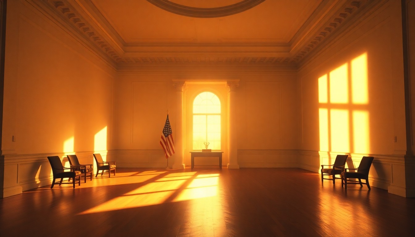 A cinematic painting of the empty White House East Wing, with warm sunlight streaming through the windows and deep shadows casting a sense of gravitas over the space, conveying the weight of democratic institutions as checks on executive power.