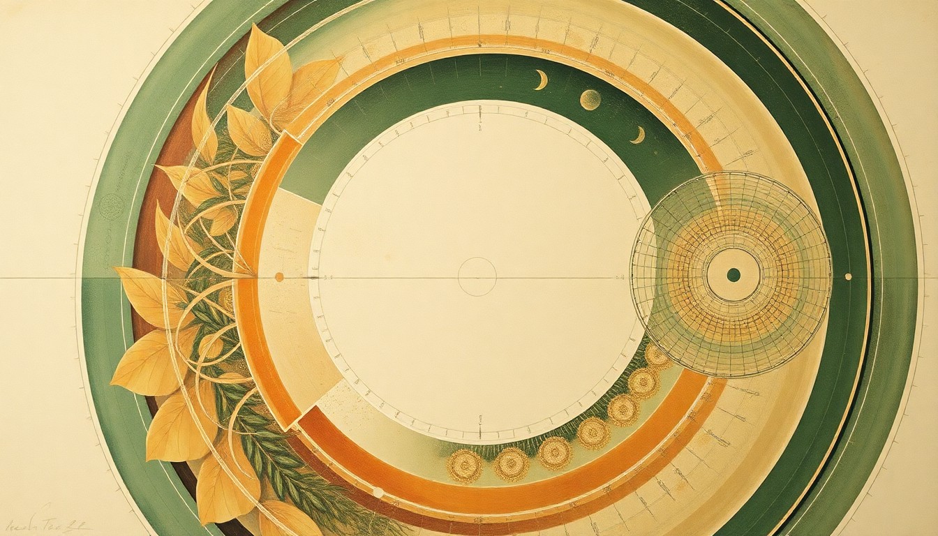 A highly textured, abstract painting in earthy tones of green, brown, and ochre, featuring sweeping geometric arcs, concentric circles, and precise botanical spirals, conceptually representing the interconnected relationship between human activity, holiday waste, and wildlife conservation.