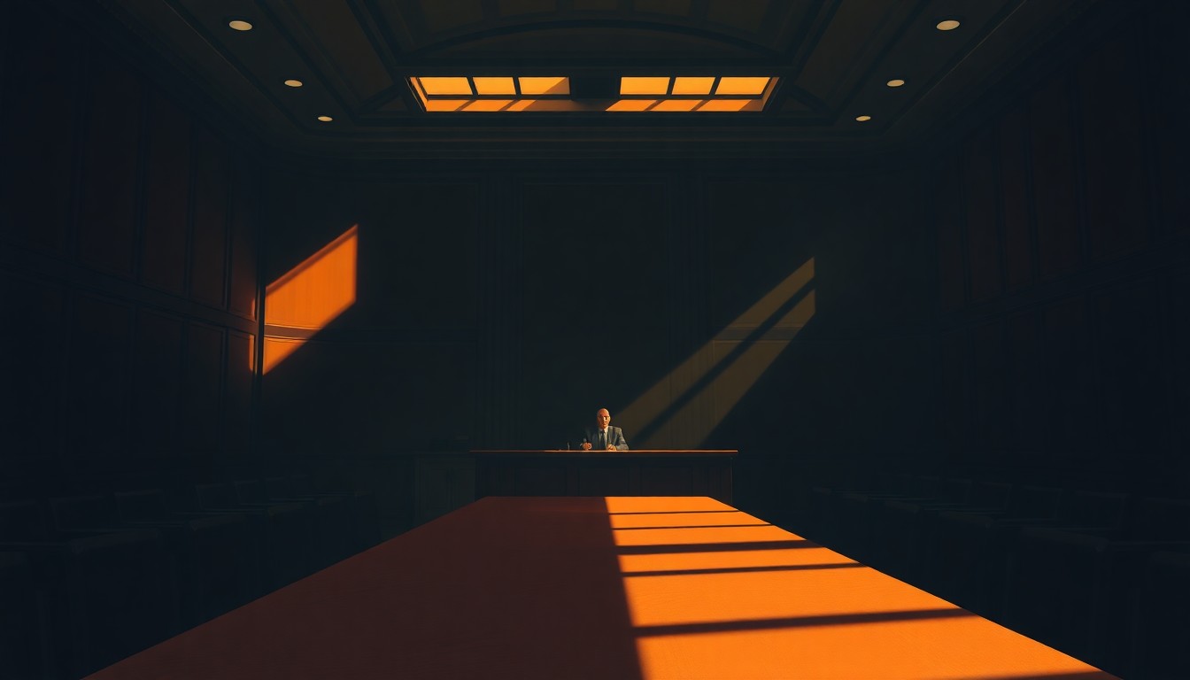 A dimly lit, cinematic painting of an empty city council chamber, with warm sunlight streaming through the windows and casting long shadows across the room. A single council member sits alone at the head of the table, underscoring the solemnity and gravity of the decisions made within these walls.
