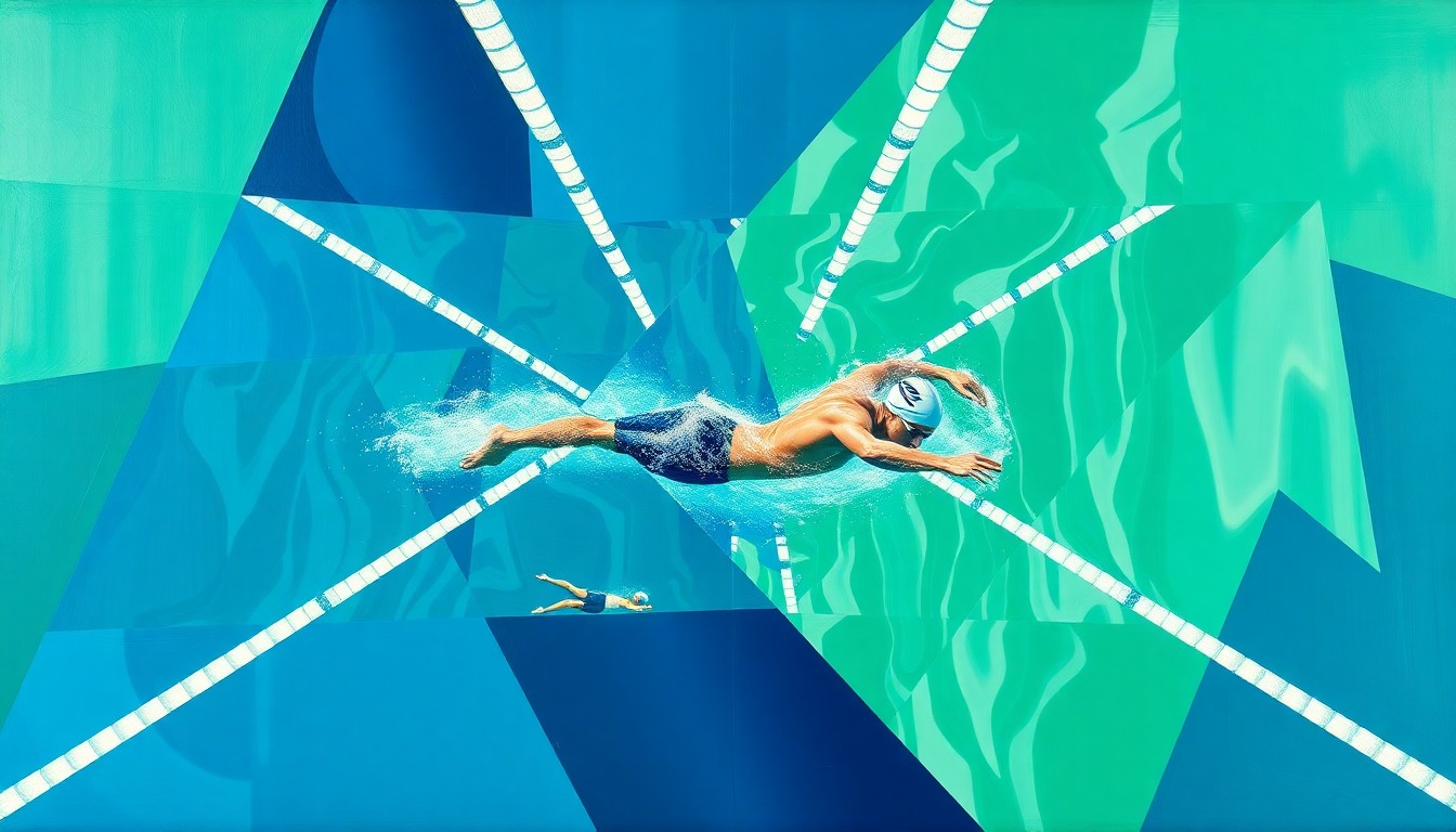 A fractured, geometric painting depicting a swimming competition or training session, with sharp, overlapping planes of deep ocean blue, emerald green, and bright white, conceptually representing the personal growth and resilience of Irish swimmer Mona McSharry.