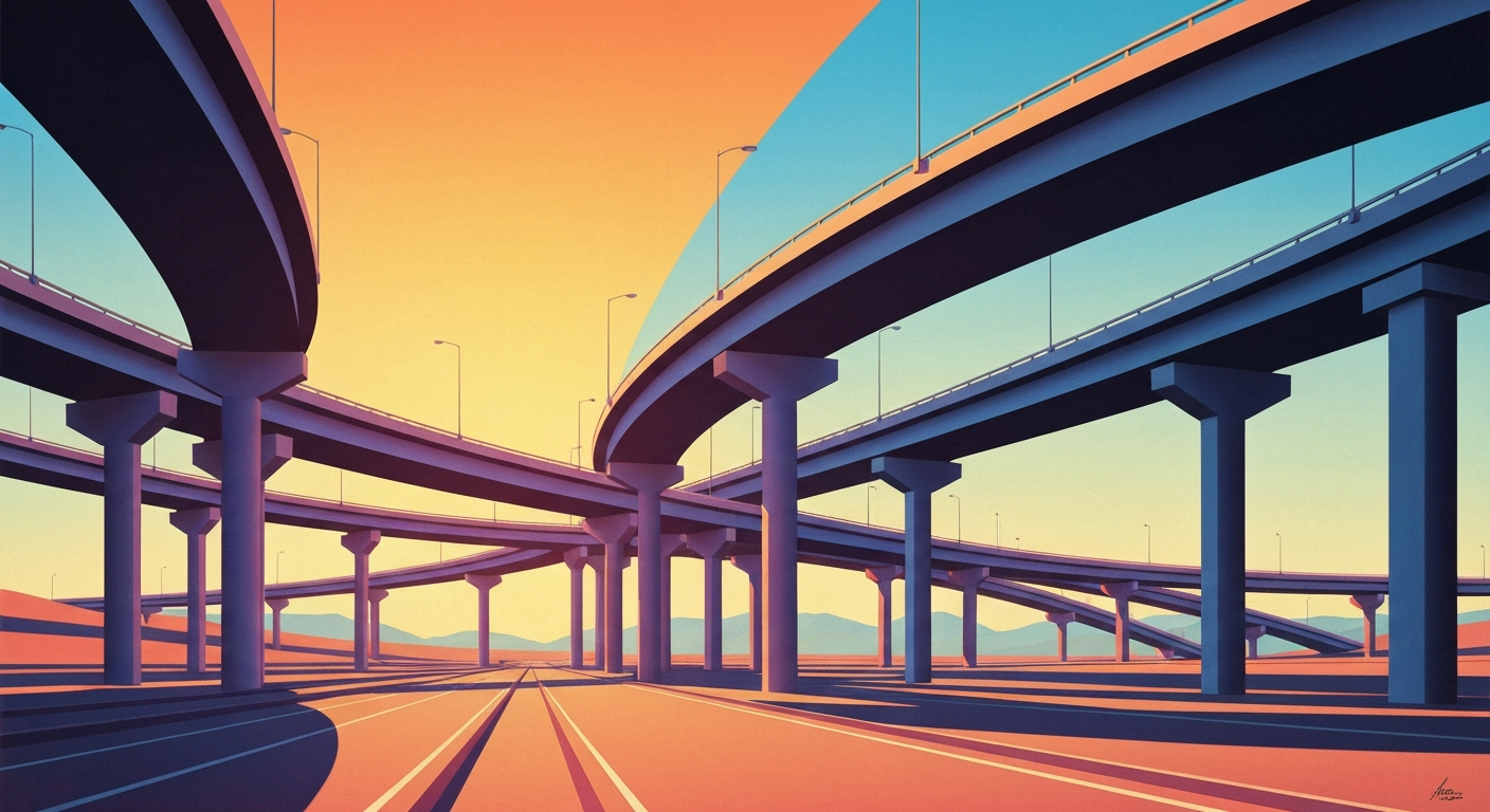 A highly stylized, geometric illustration depicting a towering highway overpass with smooth, airbrushed gradients in shades of blue and gray, conveying the grand scale and impact of a major road closure.