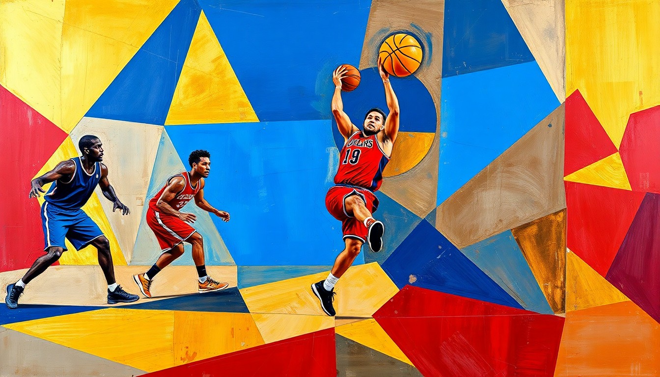 A cubist-style painting depicting an abstracted basketball game, with the players' forms broken down into sharp, overlapping geometric shapes in a vibrant color palette.
