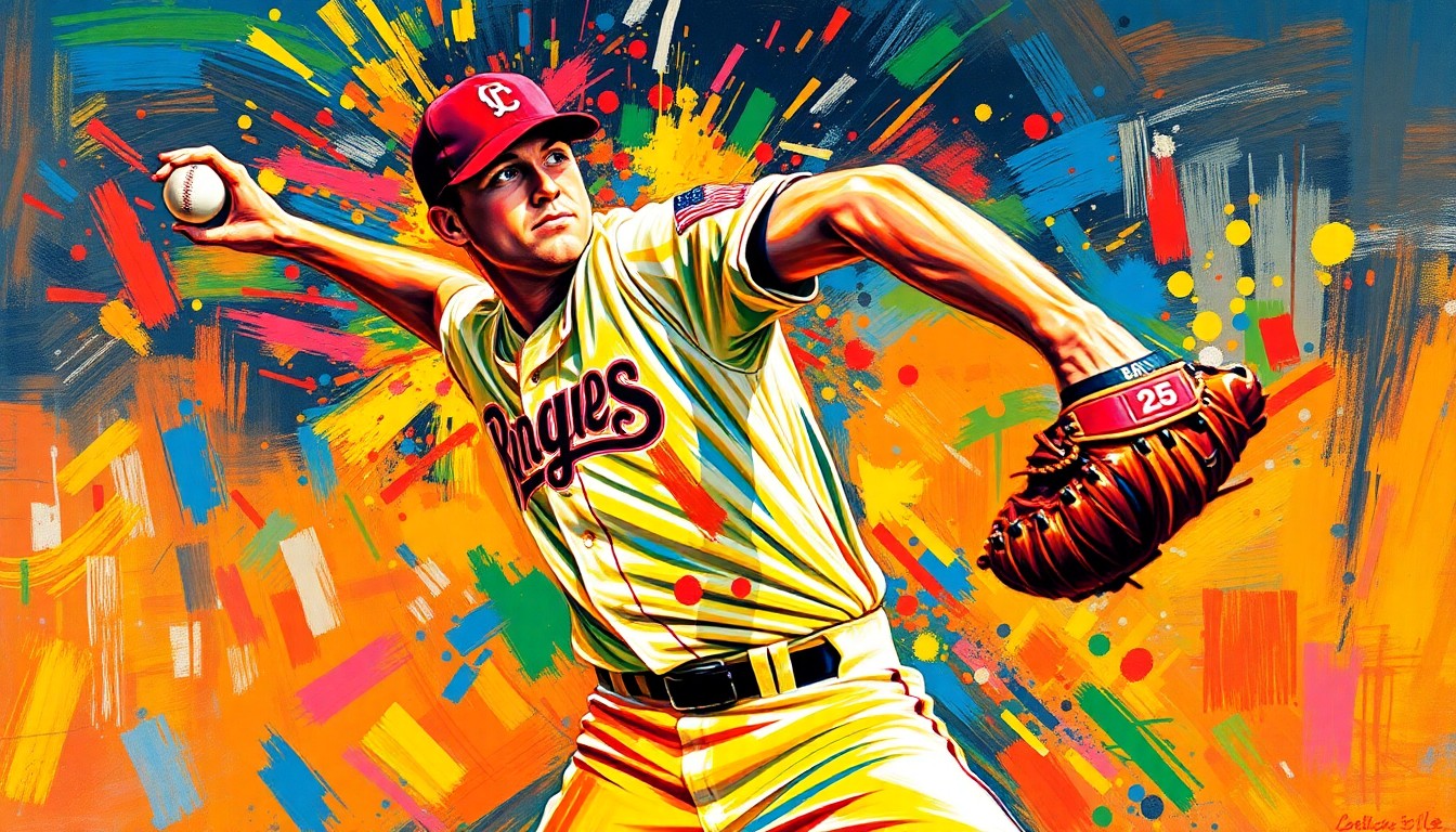 An abstract, expressionist painting in vibrant neon colors depicting the dynamic motion and energy of a baseball pitcher delivering a pitch, with the pitcher's face and uniform dissolved into unrecognizable splatters of color.