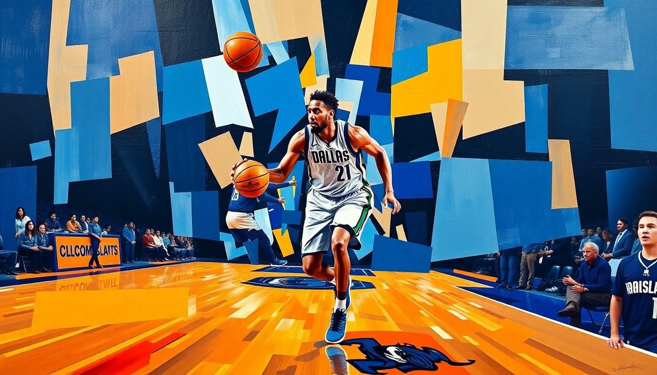 A cubist, geometric painting depicting a basketball player's movements on the court, rendered in the official colors of the Dallas Mavericks, conceptually representing the complex decision-making around Luka Dončić's early playoff return from injury.