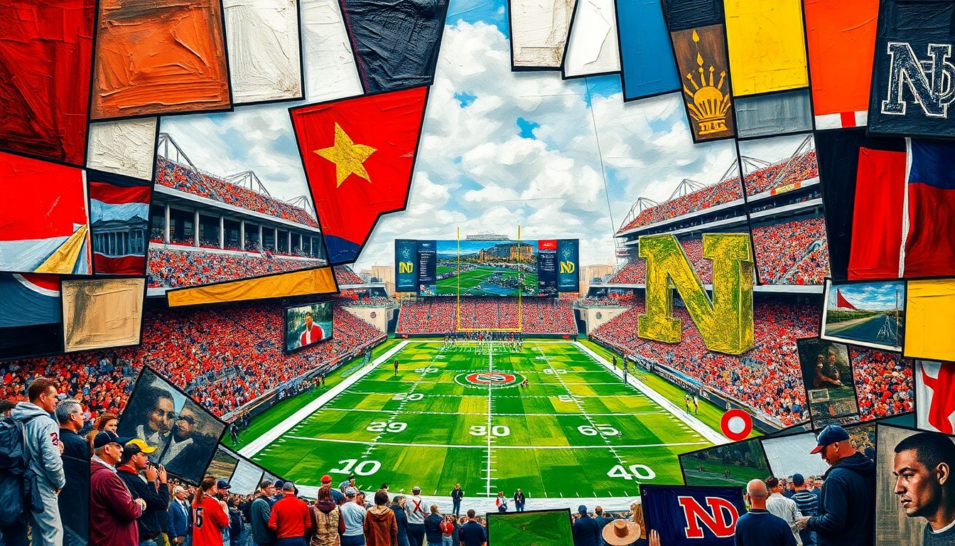 A fragmented, geometric painting depicting a college football game or match between Ohio State and Notre Dame, with the players and field broken down into sharp, overlapping planes of color and shape.