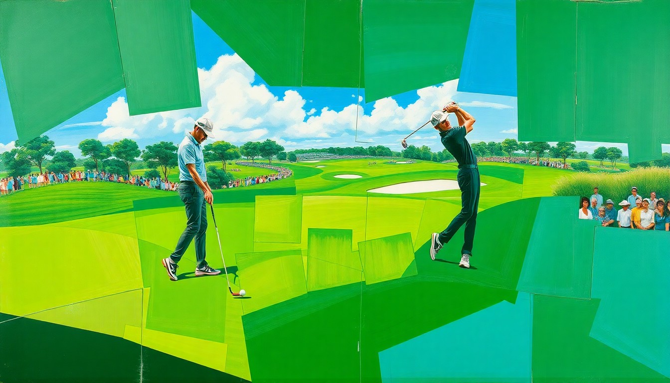A fractured, multi-perspective painting depicting a golfer's swing and the Masters tournament action, broken down into sharp, overlapping geometric planes in vibrant colors of green, white, and blue, conceptually representing the precision required to excel at the highest level of golf.