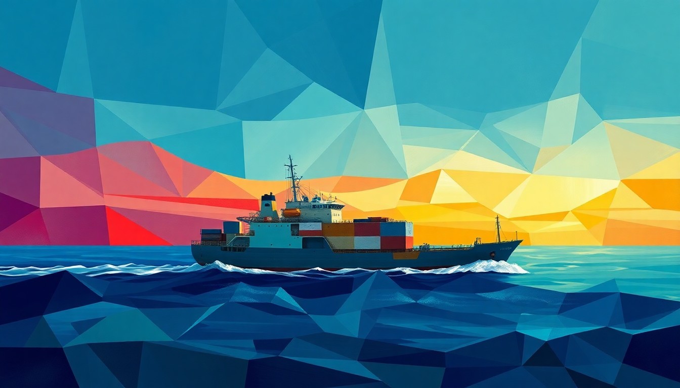 A vibrant, abstract painting depicting a ship navigating the turbulent waters of the Strait of Hormuz, with overlapping geometric shapes and fractured lines representing the complex geopolitical tensions in the region.