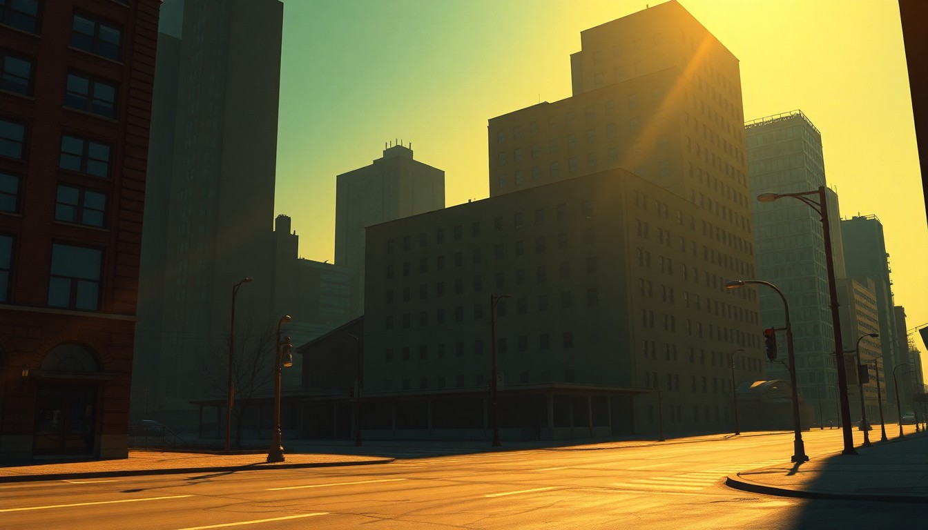 A serene, cinematic painting of an urban landscape, with a large, abandoned hospital building in the center, surrounded by trees and bathed in warm, golden sunlight and deep shadows, conveying a sense of nostalgia and the weight of the decision facing the city and the Bears.