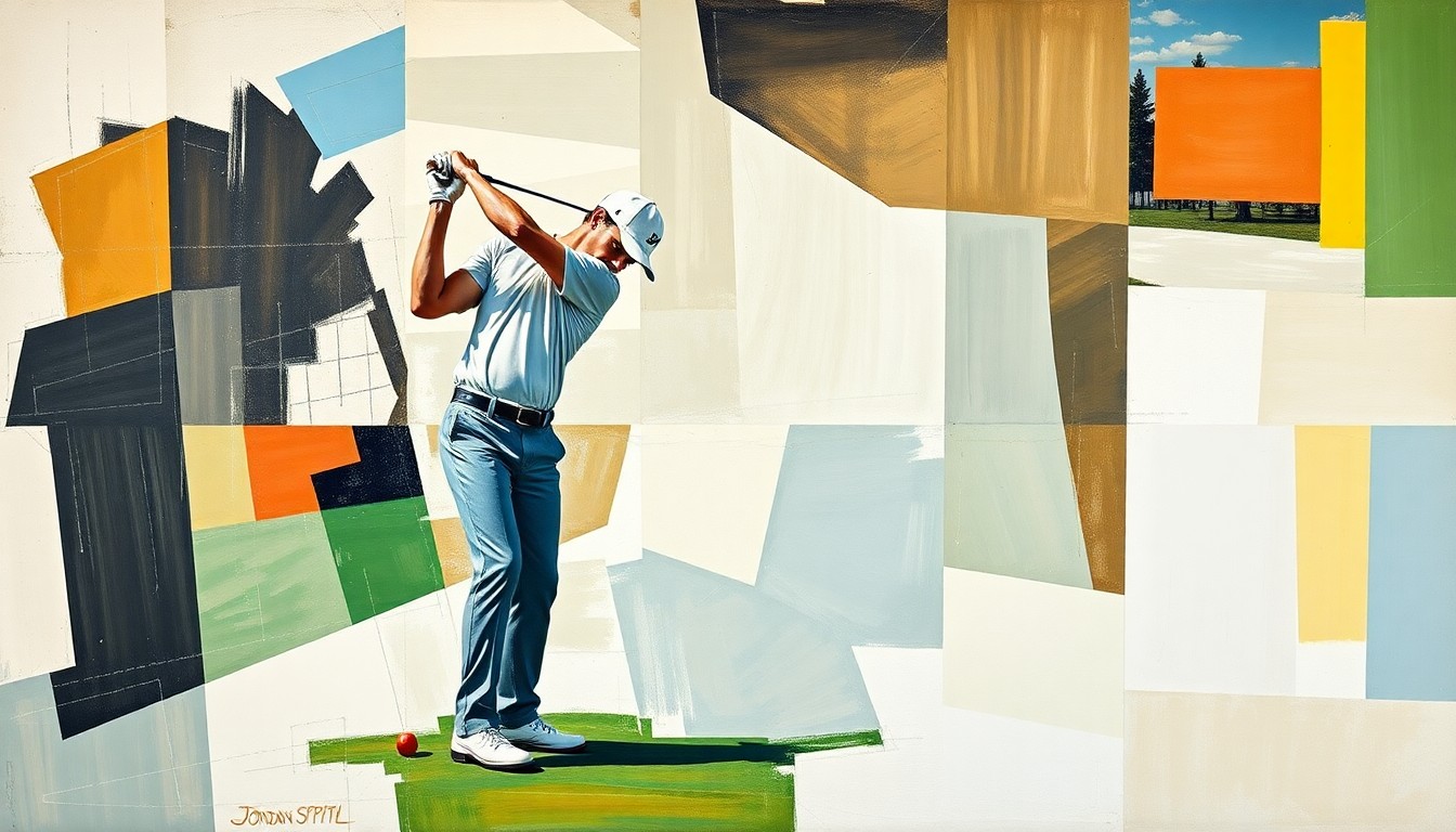 A cubist, geometric painting depicting the various angles and planes of a golfer's swing and putting stroke, conveying the complex interplay of body positioning and muscle memory that can make or break a champion's game.
