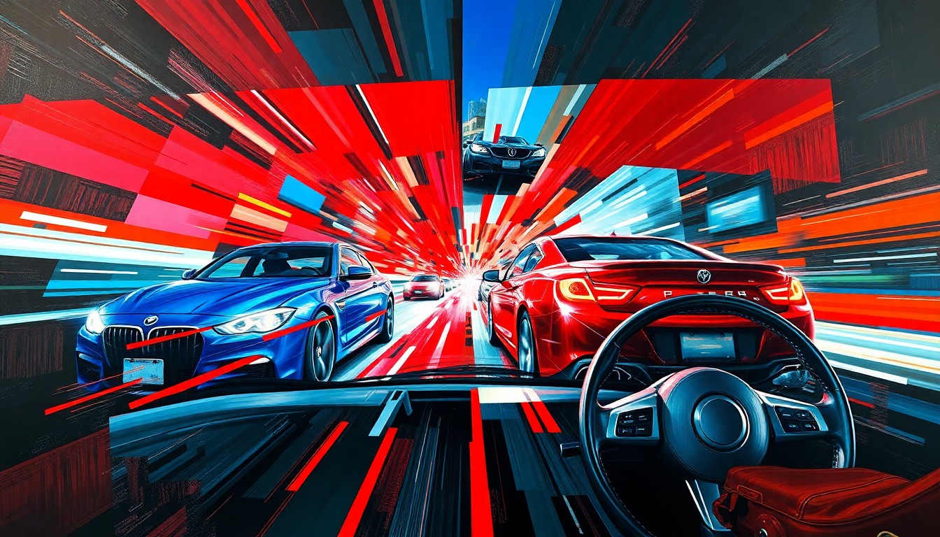 A fragmented, geometric painting depicting a high-speed car chase, with sharp, overlapping planes of vibrant colors representing the chaos and risk of reckless driving.