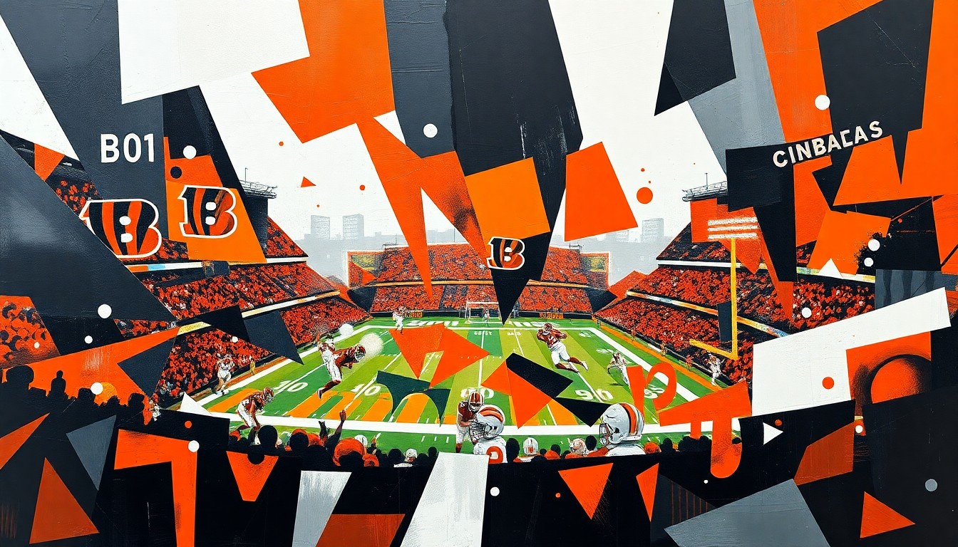 A fractured, geometric painting in the colors of the Cincinnati Bengals, depicting a football game or match broken down into sharp, overlapping planes, conveying the uncertainty and unpredictability of Burrow's future with the team.