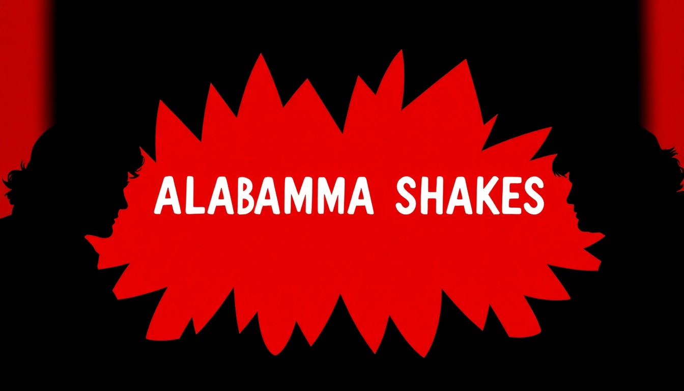 An abstract, minimalist illustration featuring overlapping black silhouettes of the members of Alabama Shakes against a bold red background, conveying the band's raw energy and social commentary.