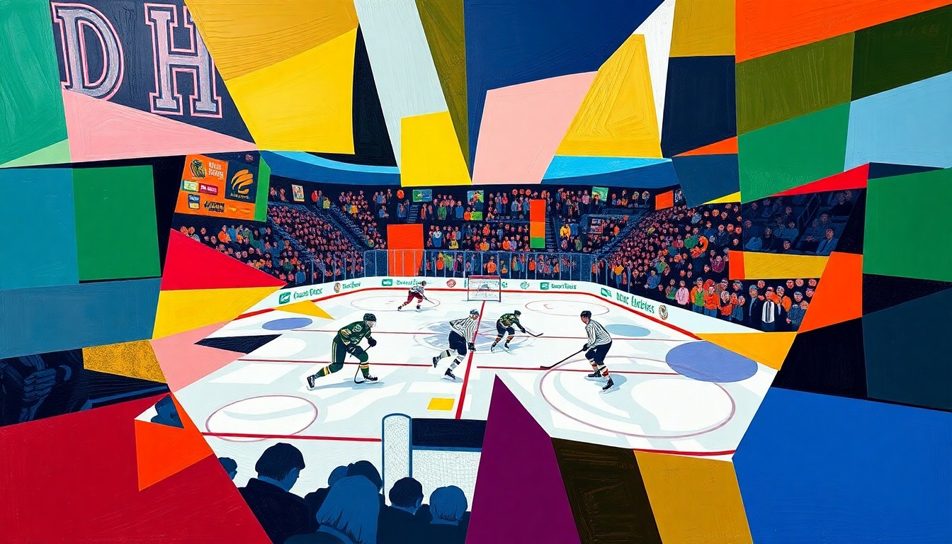 A cubist, geometric painting depicting a hockey game in progress, with the players and ice surface broken down into sharp, overlapping planes of color representing the UND Fighting Hawks and Quinnipiac Bobcats. The image conveys the strategic complexity and emotional intensity of the Frozen Four matchup.
