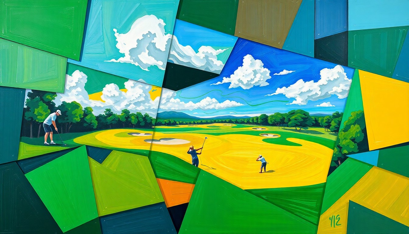 A fragmented, geometric painting in bold, vibrant colors depicting a golf tournament or match, with sharp, overlapping planes that deconstruct the traditional sporting event into a modern, conceptual artwork.