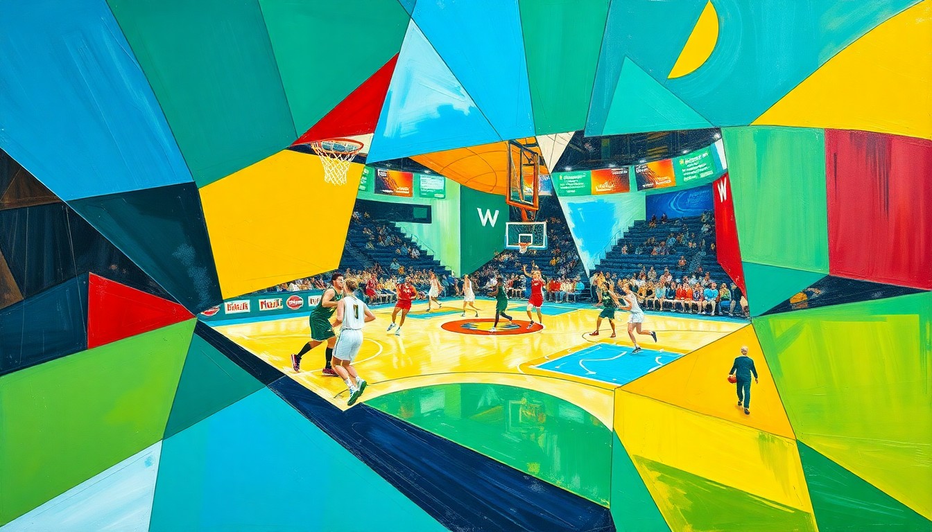 A fragmented, cubist-style painting depicting the dynamic movements and plays of a WNBA basketball game, with sharp geometric shapes and bold colors capturing the energy and intensity of the sport.
