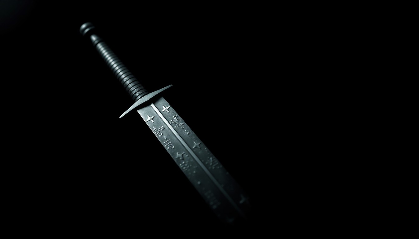 An extreme close-up of a medieval sword, its sharp edges and intricate details dramatically illuminated by a harsh, direct camera flash against a pitch-black background, conveying a sense of danger and the need for vigilance against potential acts of violence.