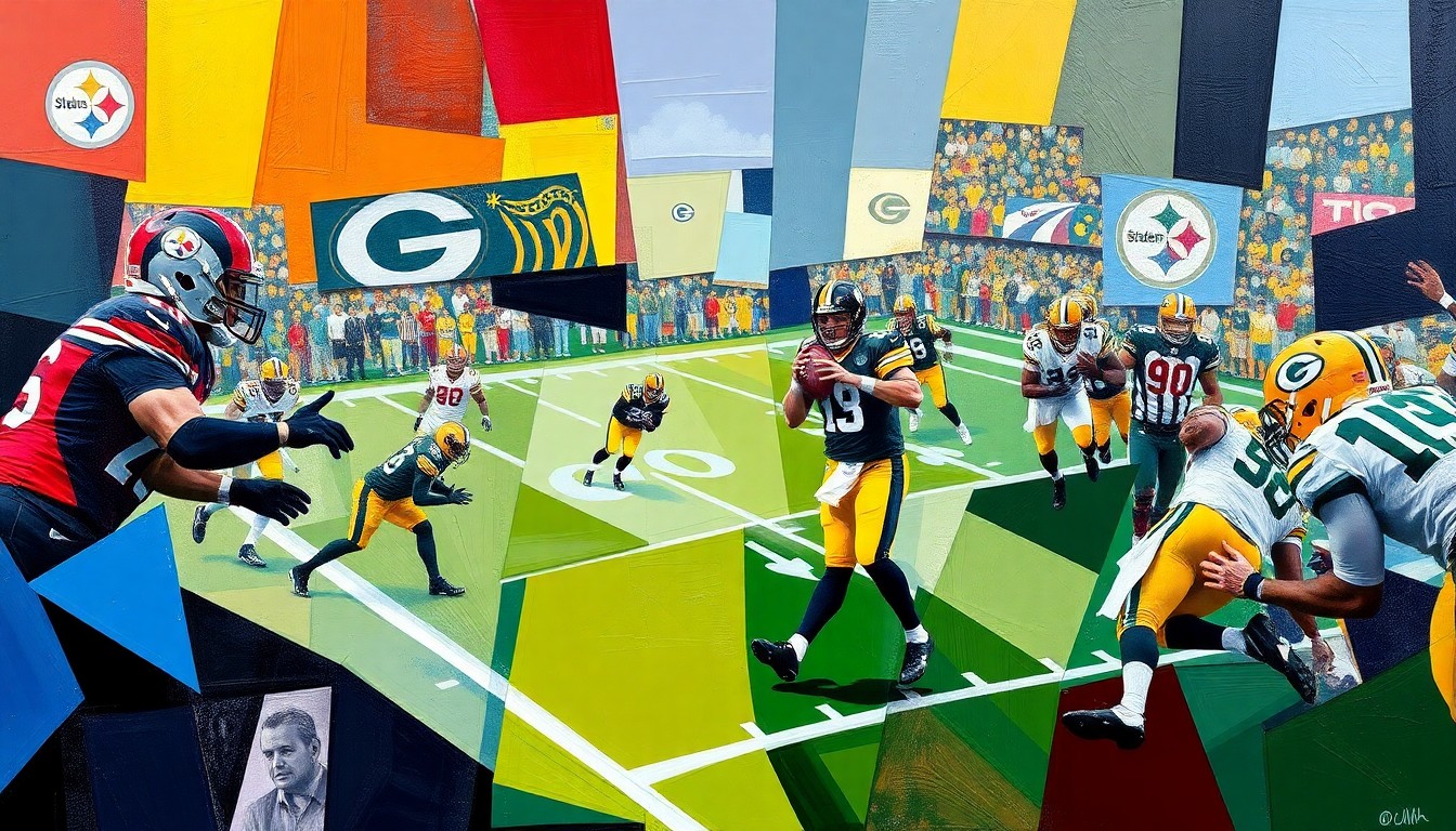 A fragmented, geometric painting depicting a football player in motion, with sharp planes of black, gold, and green representing the colors of the Pittsburgh Steelers and Green Bay Packers.