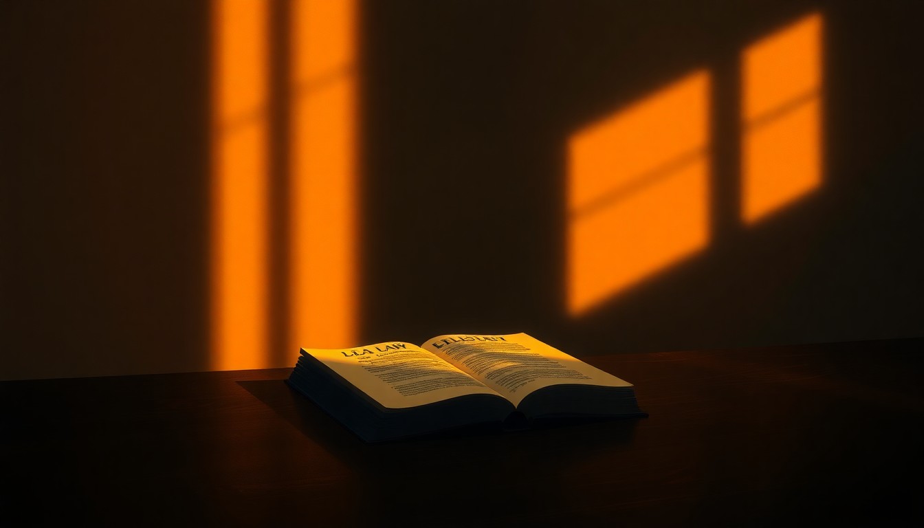 A detailed, photorealistic painting of a solitary law book or legal document sitting on a desk, with warm, golden sunlight streaming in through a window and casting deep shadows across the scene, creating a contemplative and nostalgic mood.