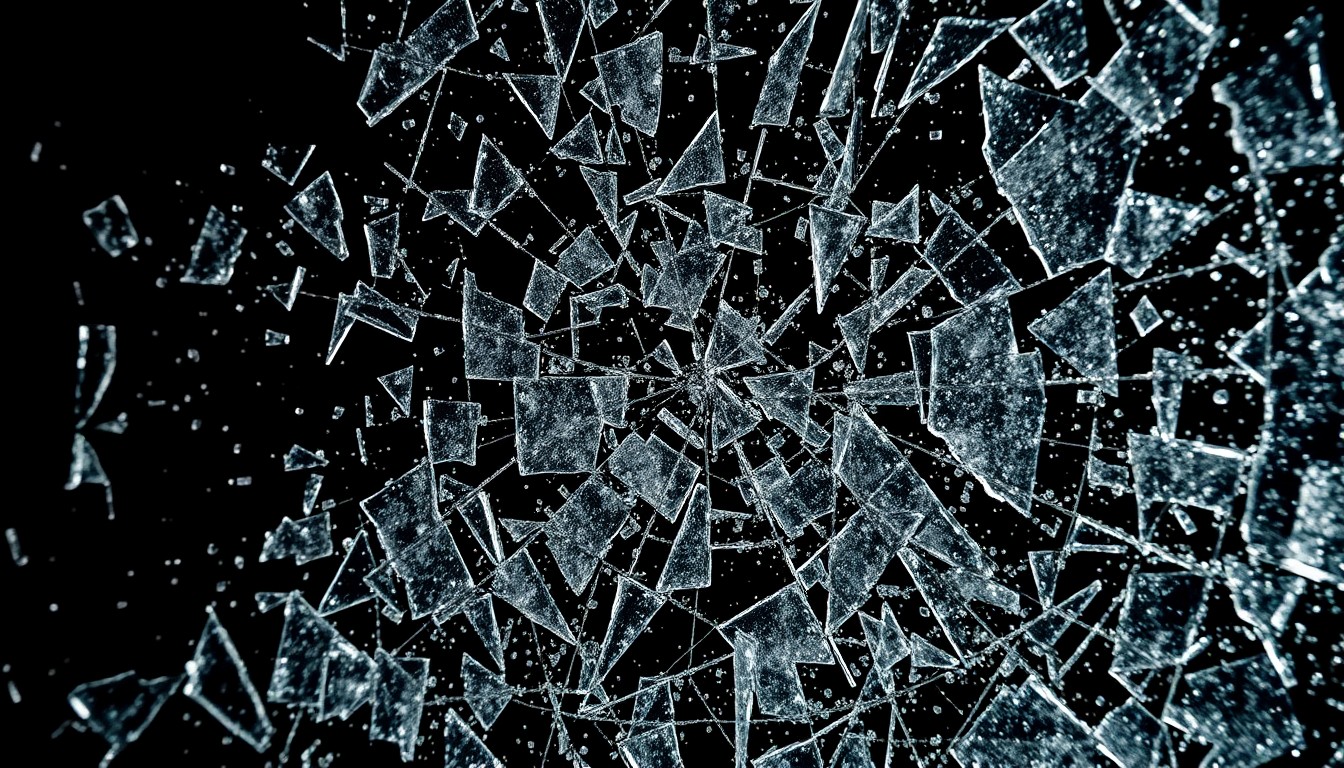 An abstract close-up image of shattered glass and metal textures in dramatic high-contrast lighting, conveying the chaotic energy of the 1992 Los Angeles riots.