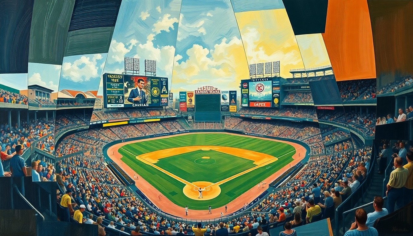 A cubist-style painting depicting a fragmented, geometric interpretation of a baseball stadium or game, conveying the complex and multi-faceted nature of the Royals' ballpark saga.