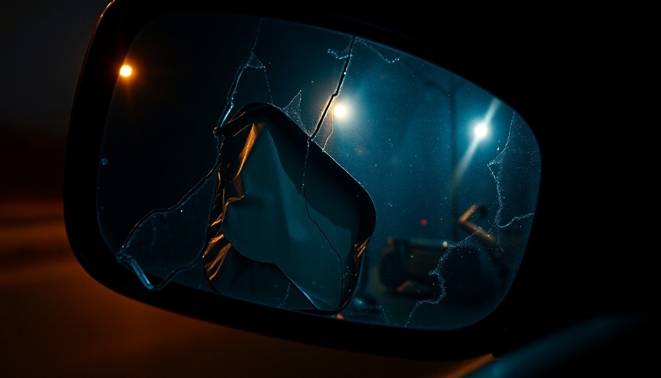 An extreme close-up photograph of a crumpled car side mirror reflecting a dim streetlight, conveying the gritty aftermath of a drunk driving incident through stark, dramatic lighting and shallow depth of field.