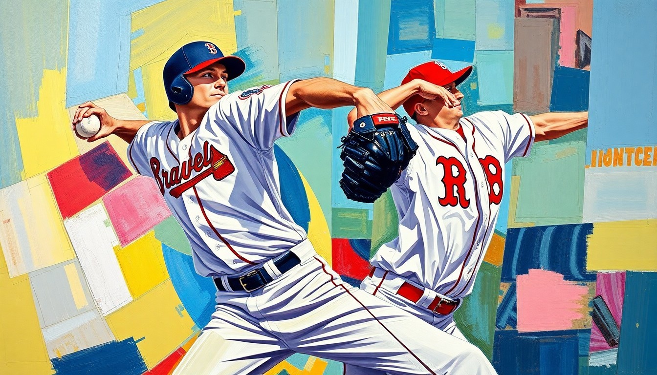A fragmented, geometric painting depicting a baseball pitcher's windup and delivery, with the vibrant colors of the Braves and Red Sox uniforms blending together in an abstract, conceptual composition.