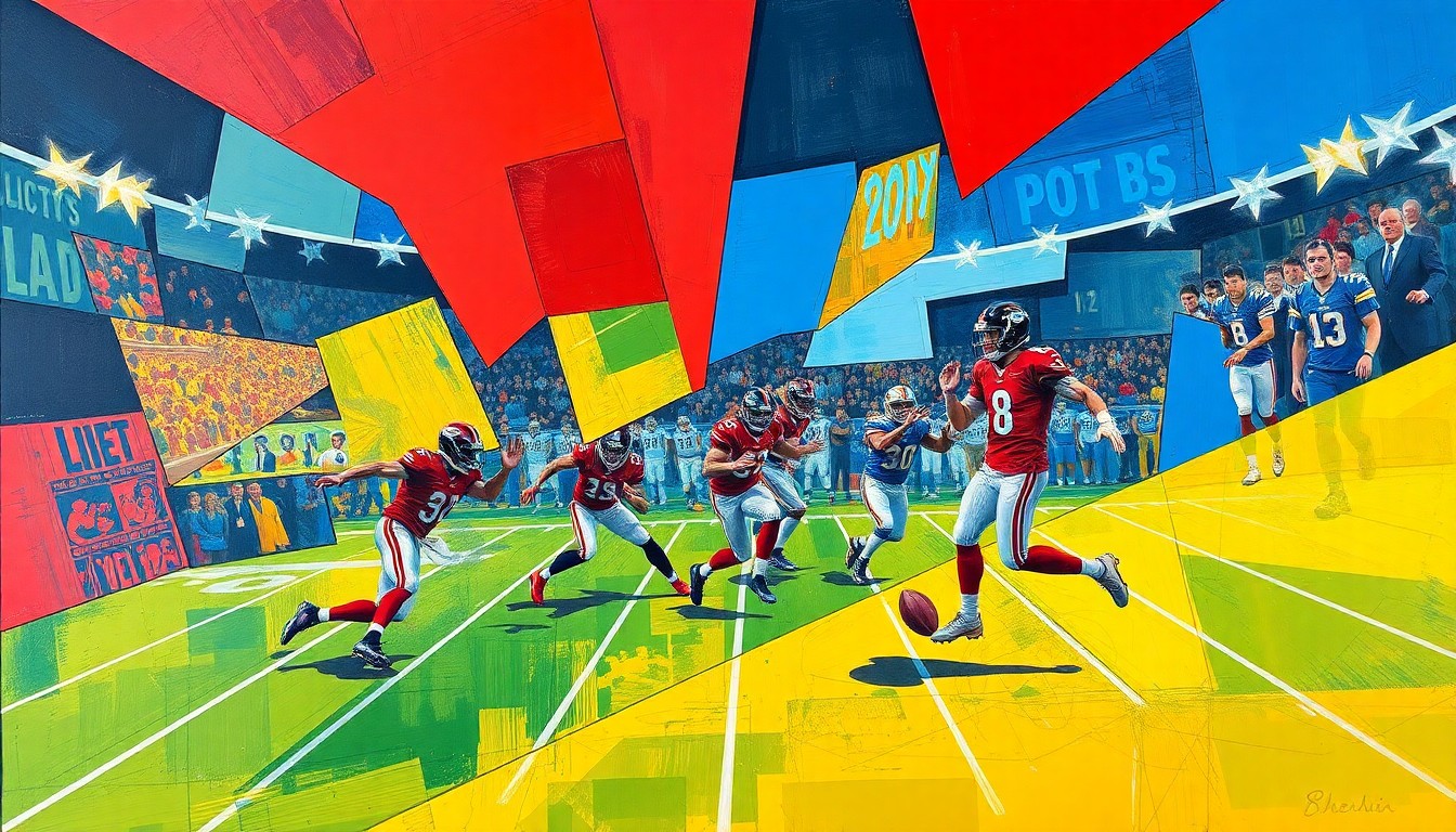 A cubist, geometric painting depicting a football game or quarterback competition, with sharp, overlapping planes of color representing the fragmented and uncertain nature of the Falcons' quarterback situation.