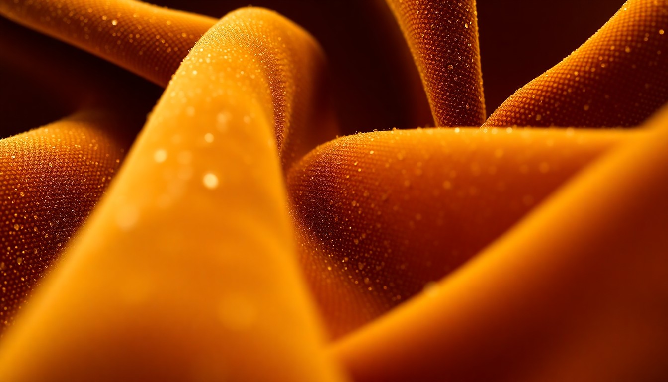 An abstract close-up photograph showcasing the rich, textured fabrics and luxurious materials used in the production of the Outlander television series, capturing the show's meticulous attention to historical authenticity and visual splendor.