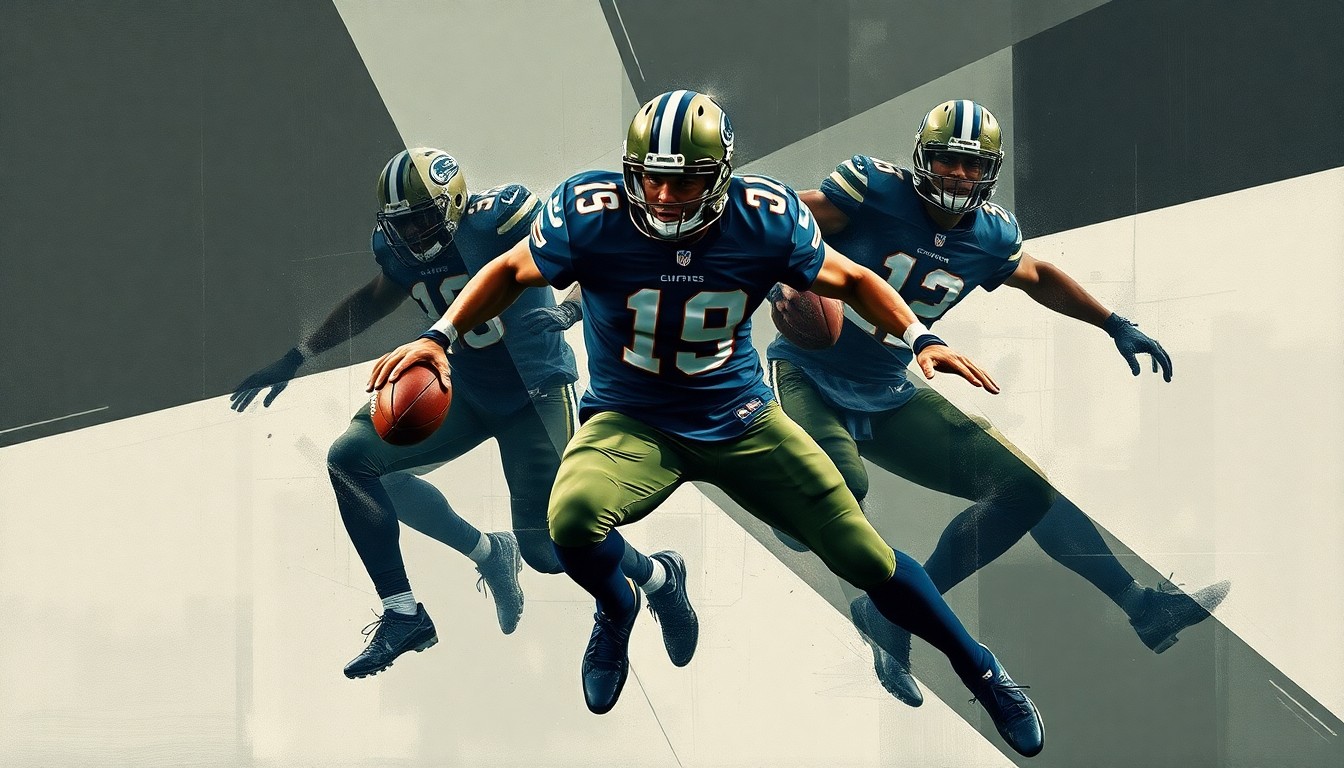 A cubist-style painting depicting a football player's movements broken down into sharp, overlapping geometric shapes in shades of dark grey, navy blue, and olive green, conceptually representing the analytical and strategic nature of roster decisions in the NFL offseason.