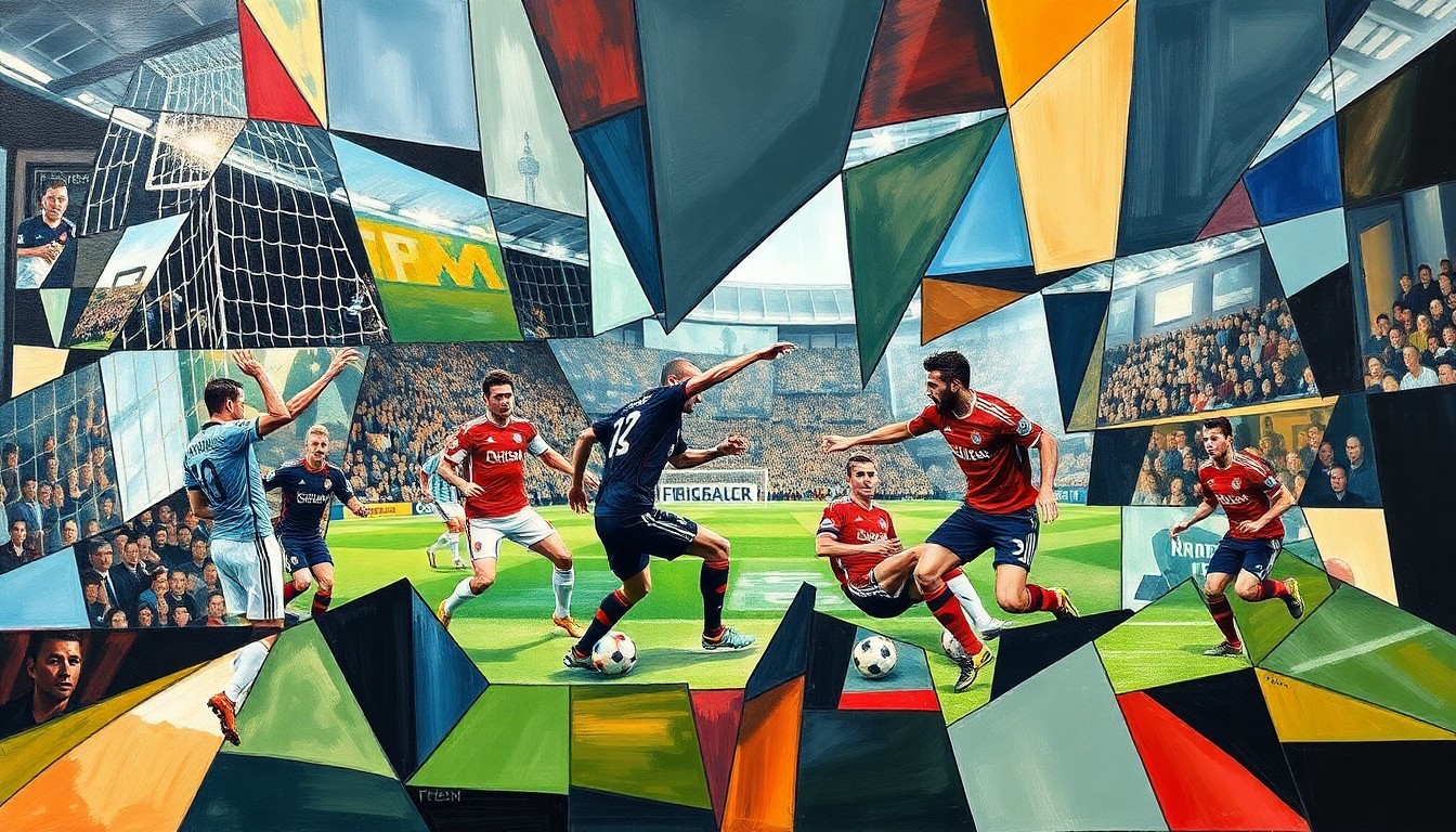 A cubist-style painting depicting a soccer match between Bayern Munich and SC Freiburg, with the players and the field broken down into sharp, overlapping geometric shapes and planes, capturing the intensity and movement of the game.