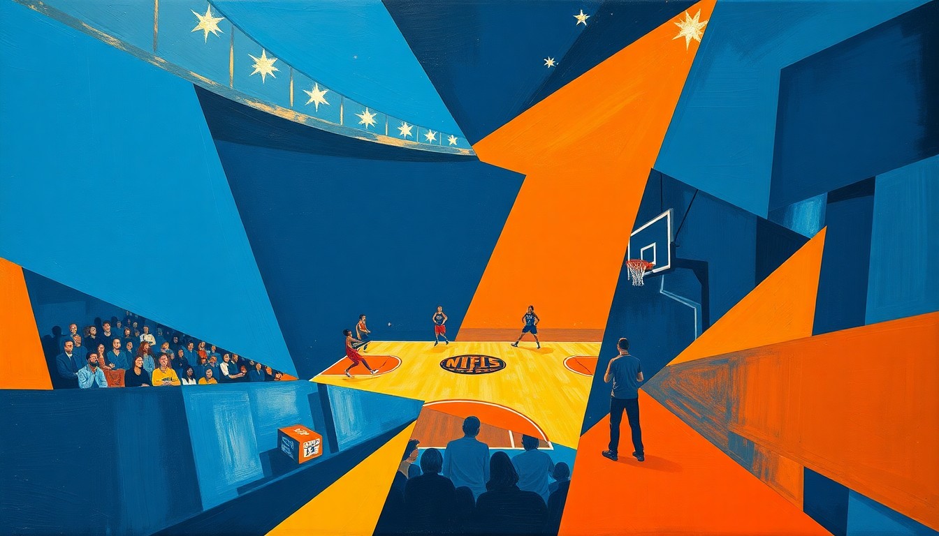 A cubist, geometric painting depicting a WNBA basketball game in motion, with the players and court fragmented into overlapping planes of blue, orange, and navy colors, conveying the dynamic energy of the sport.