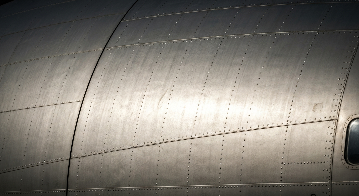 An extreme close-up of the textured metal skin and rivet patterns on the fuselage of a retired commercial aircraft, conveying the raw materials and engineering behind the iconic design.
