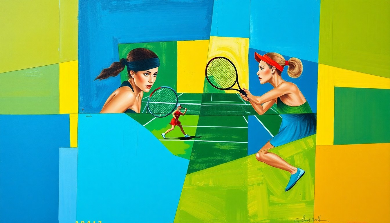 A cubist, geometric painting depicting a women's tennis match, with overlapping planes of blue, green, and yellow shapes representing the dynamic action on the court.
