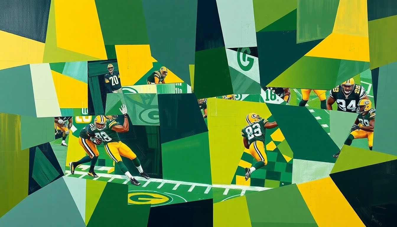 A fractured, geometric painting depicting a Packers football game or practice, with sharp planes of green, gold, and navy blue representing the team's new coaching philosophy of versatility and evolution.