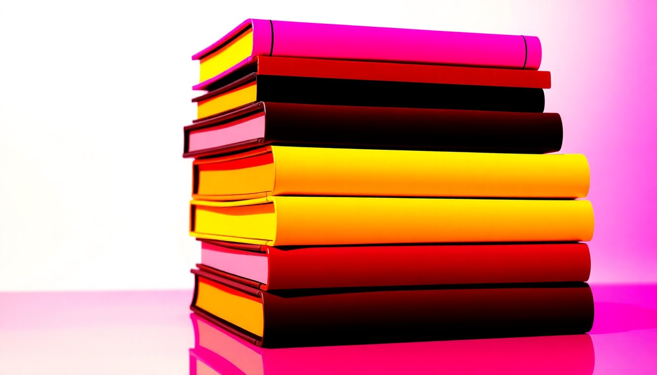 A bold, abstract silkscreen print depicting a stack of textbooks in a vibrant neon color palette, conceptually representing the changing nature of Australian higher education.