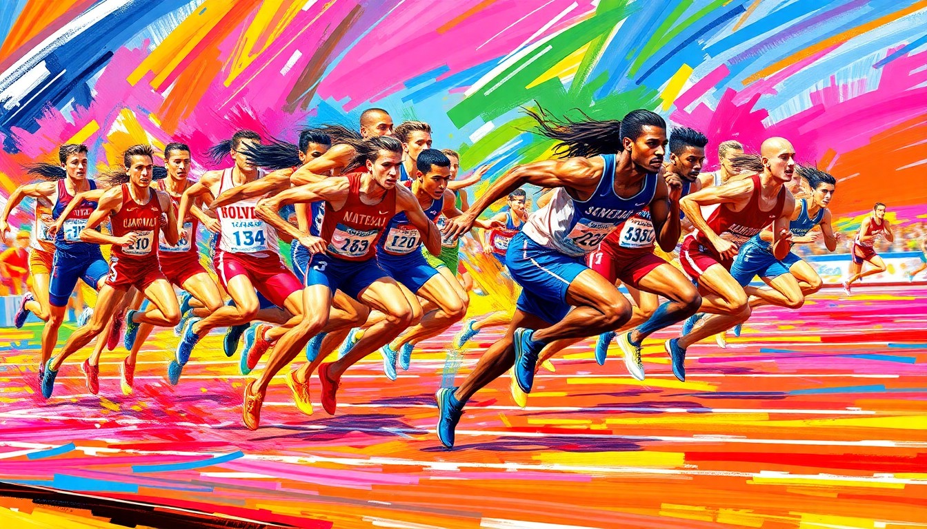 A vibrant, expressionist painting in neon colors depicting the powerful, blurred movements of high school track and field athletes racing on a track.